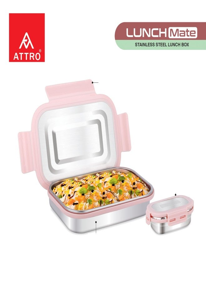 ATTRO Lunchmate Stainless Steel Lunch Box with 1 Small Container Airtight Spill-Proof BPA Free Food Grade Ideal for Office, School, Picnic, 800ml+180ml- Peach - Image 5